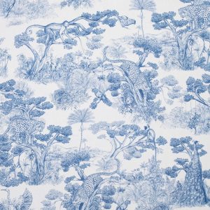 Animalia, Toile de Jouy stoff med leoparder og dyreliv – Blå