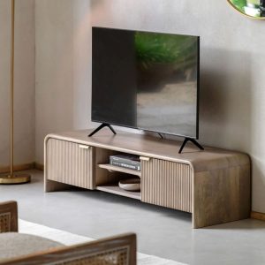 Colonna, moderne tv-benk med hyller og skap i mangotre