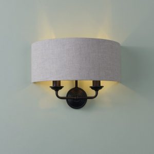 Sorrento, vegglampe i industriell sort og naturfarget skjerm
