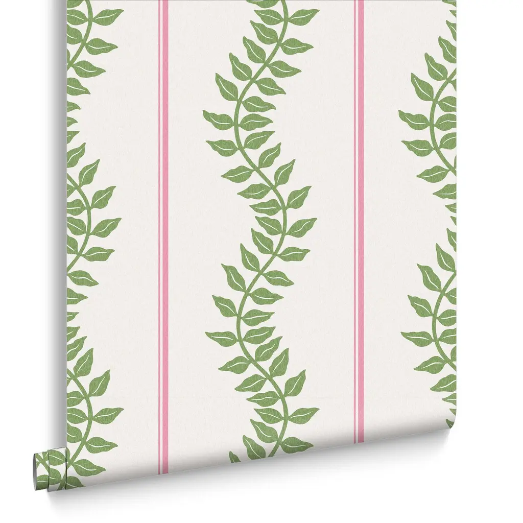 Laurel Stripe, tapet med striper og ranker av laubær i rosa og grønt - Image 5