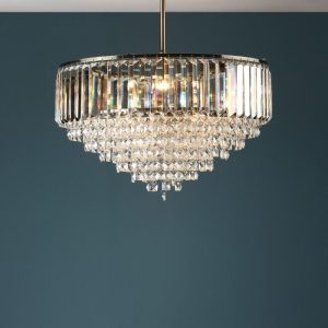 Vienna, stor klassisk taklampe i antikk messing med slepne krystallstaver