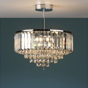 Vienna, klassisk taklampe i krom med slepne krystallstaver