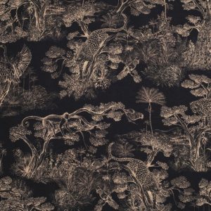 Animalia, Toile de Jouy stoff med leoparder og dyreliv – Sort