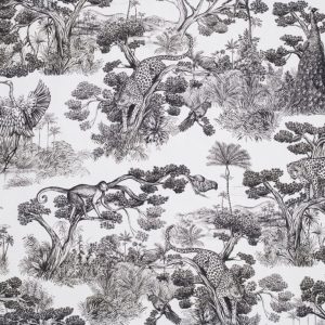 Animalia, Toile de Jouy stoff med leoparder og dyreliv – Sort / hvit