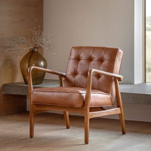 Humber, retro lenestol med knapper,i  brunt vintage skinn og eik